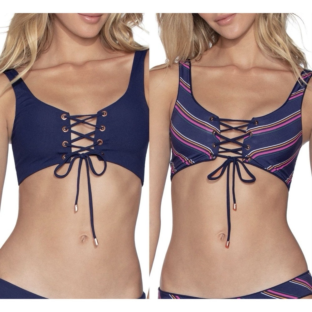 Maaji Dazzling Rib 4-Way Reversible Bikini Top Striped Size Small Lace Up